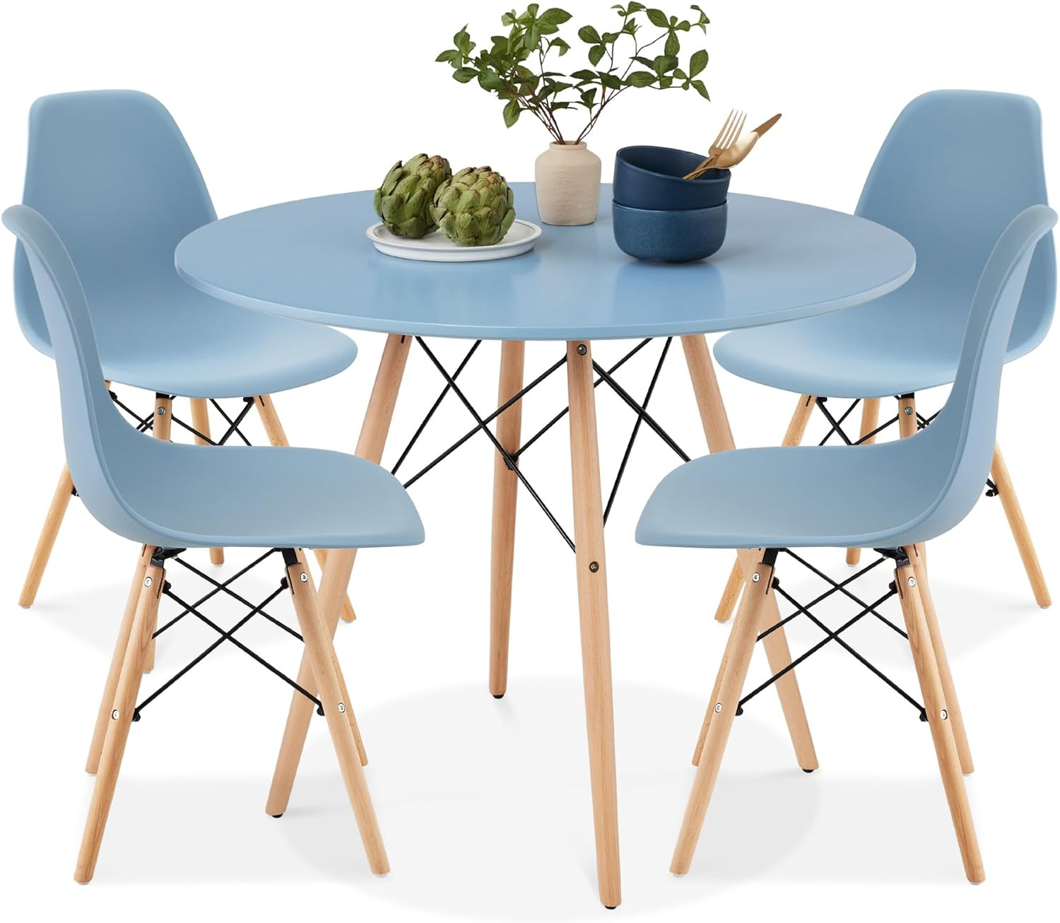 Mid-Century Modern 5-Piece Dining Set with Blue Chairs and Oak Table