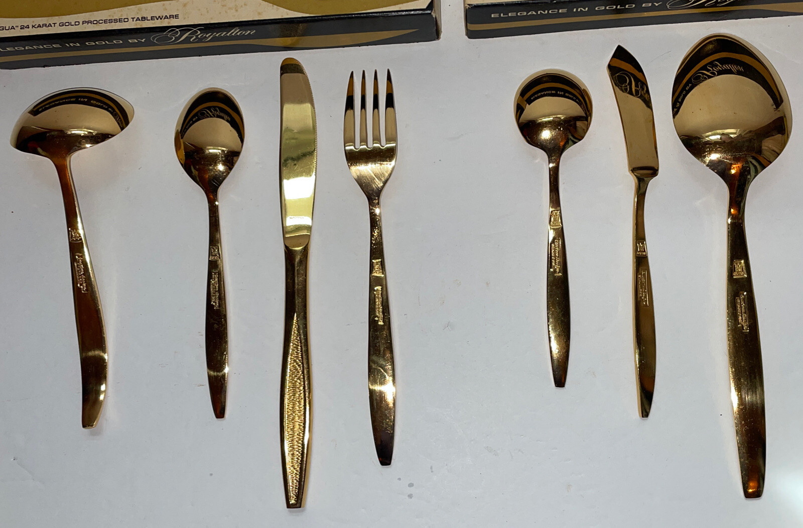 Custom Design Elegance in Gold 7 Pieces Stainless Flatware Silverware Ladle Box