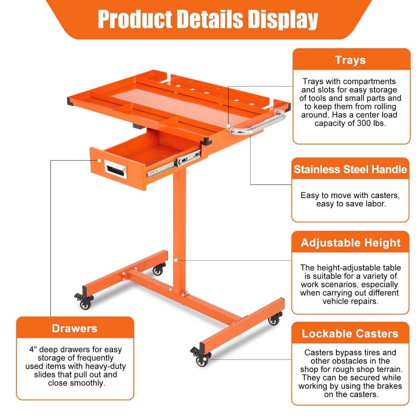 Rolling Work Table Adjustable Height Mobile Workbench w/ Wheels 220LBS