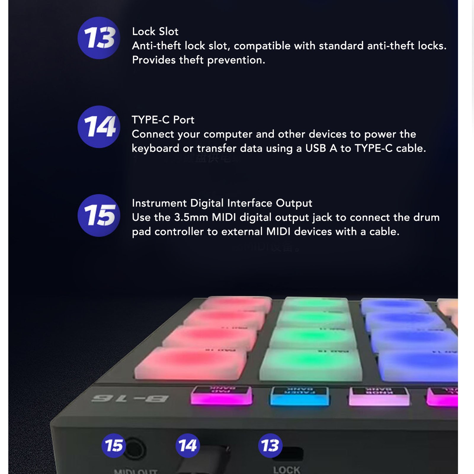 MIDI Controller With 16 Drum Pads 2 Assignable Fader Knobs RGB Portable MIDI
