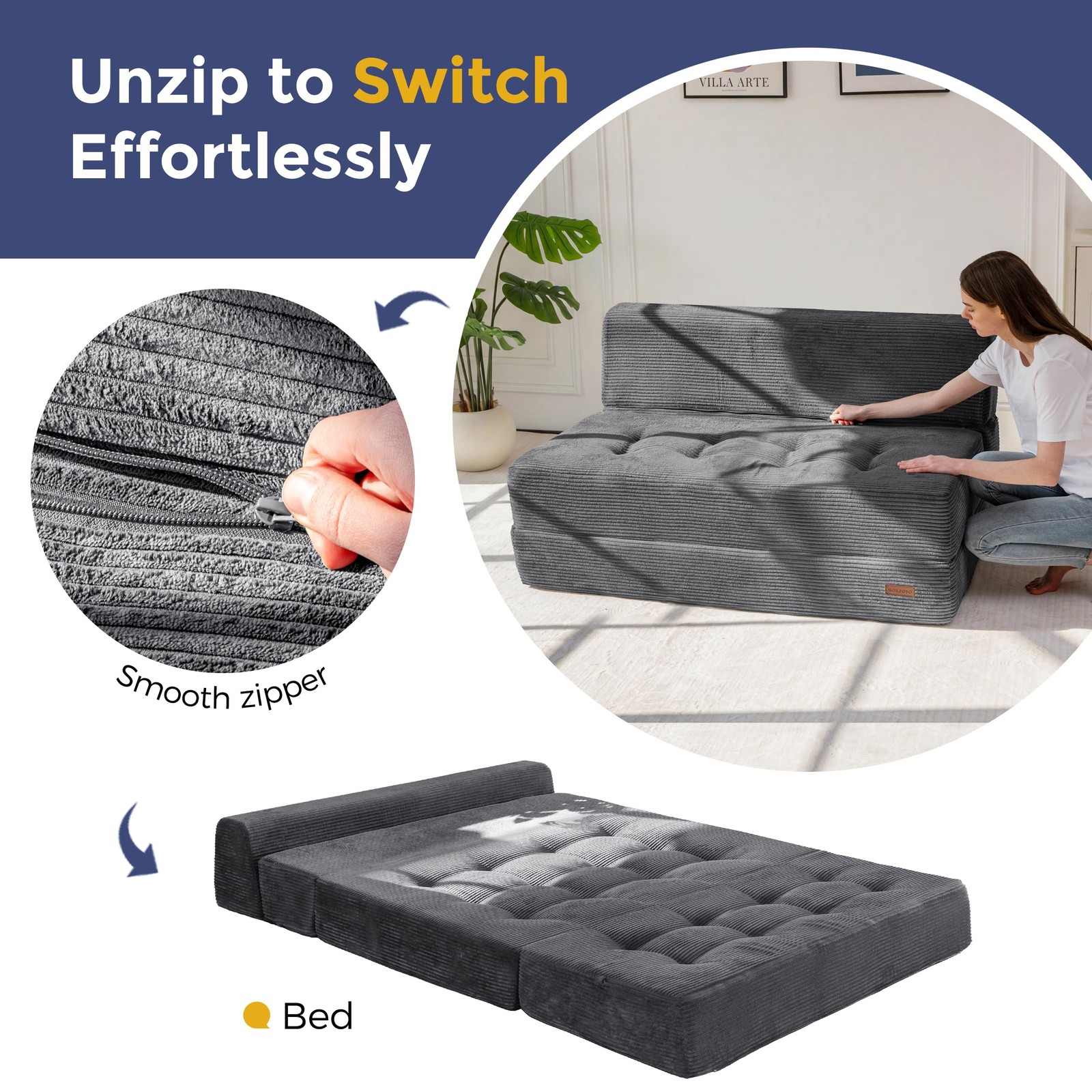 8" Folding Sofa Bed, Convertible Sleeper Sofa Lounger Foldable Mattress, Wedg...