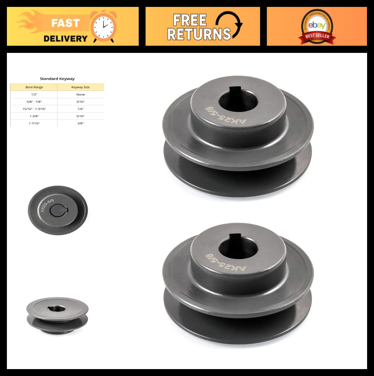 Single Groove V-Belt Sheaves 2-1/2" OD 5/8" Bore - 2 Pack for Pulley Systems