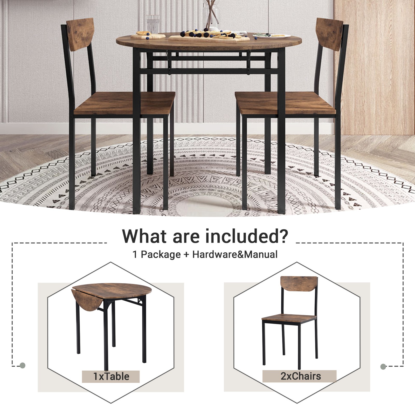 Modern 3-Piece Round Dining Table Set with Drop Leaf and 2 Chairs for Small