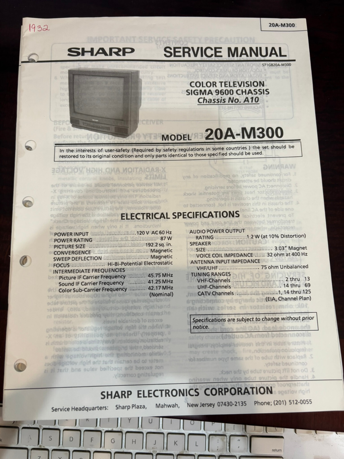 ORIG. SHARP 20A-M300 20AM300 TV Repair & Service Manual *ORIGINAL*