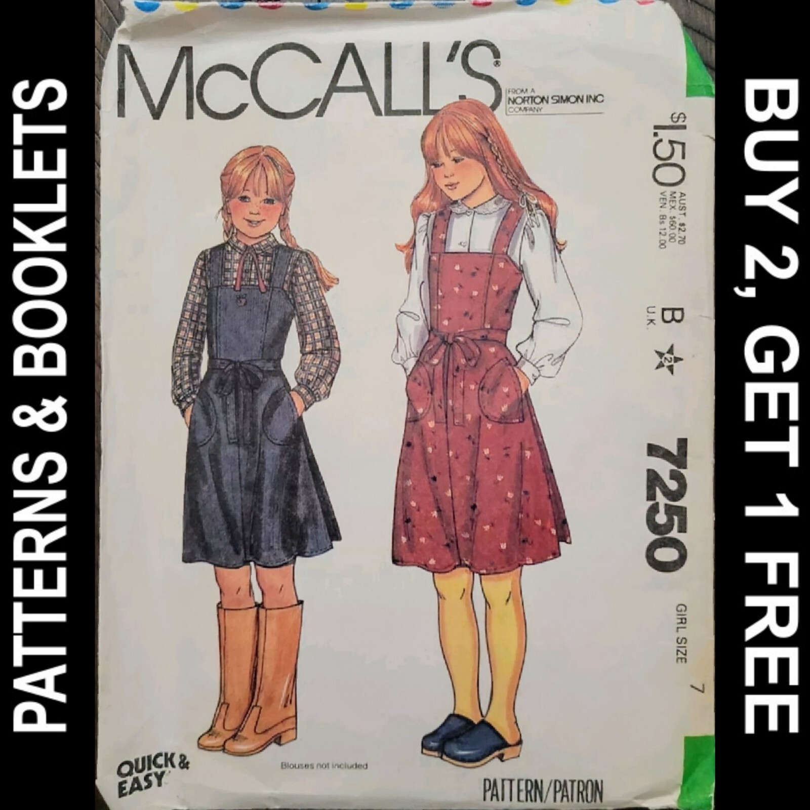Vintage McCall's Girls' Top-Stitched Jumper Pattern #7250 Size 7 CUT