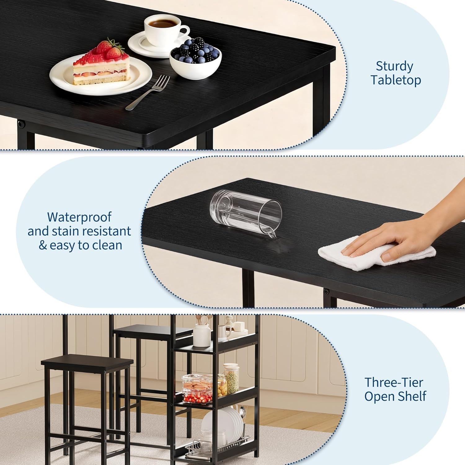 3-Piece Kitchen Table Set with Storage Shelves & 2 Bar Stools for Small Spaces