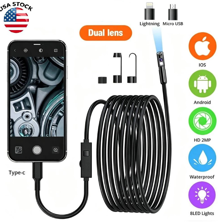 8 LED Light Snake Endoscope Camera Car Inspection Tool For iPhone Android iOS US