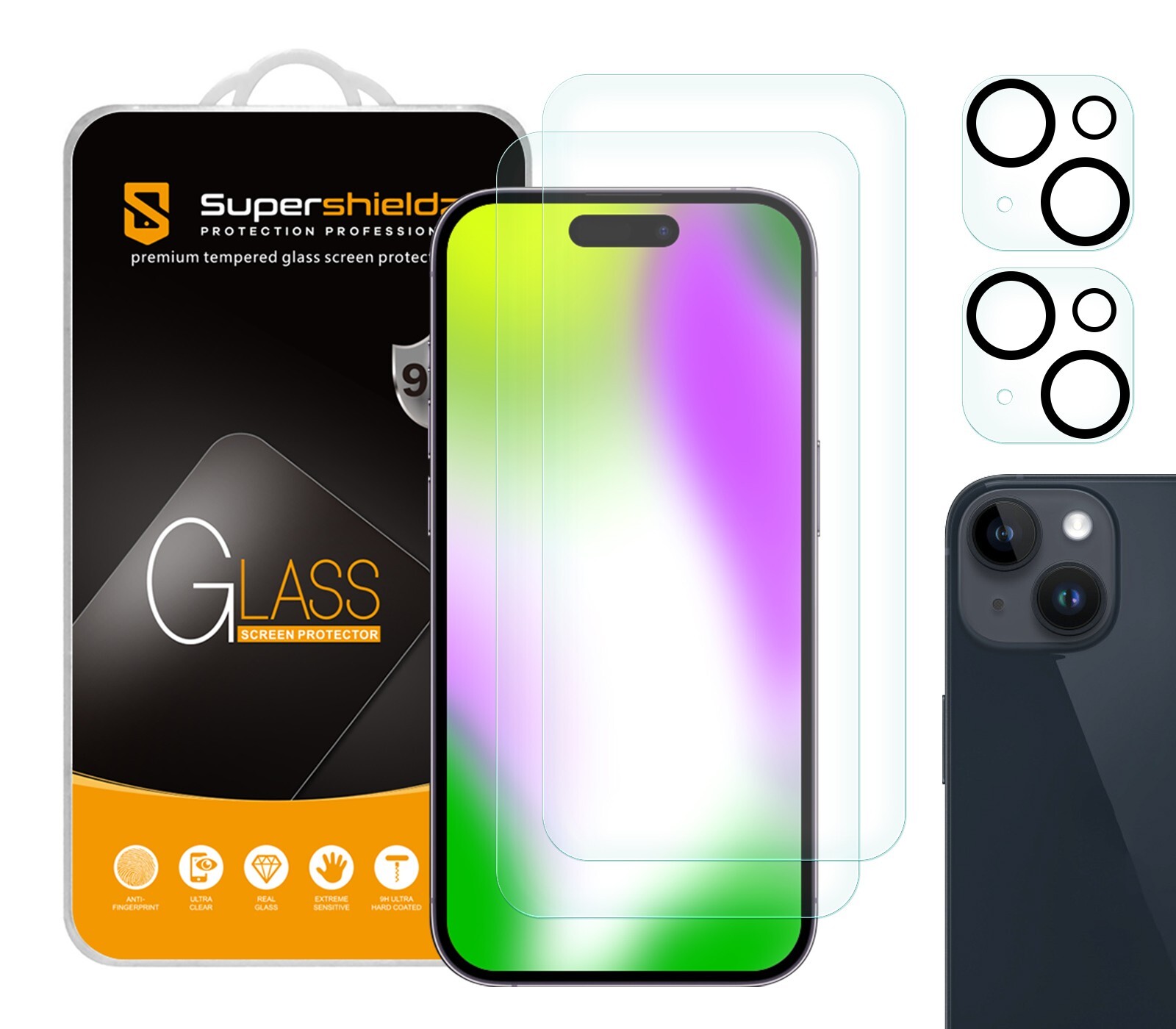 2X Supershieldz Tempered Glass Screen Protector for Apple iPhone 15 (6.1") +Lens
