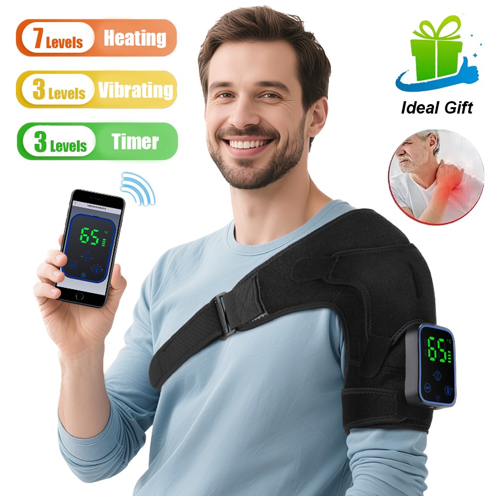 Cordless Heated Shoulder Massager Joint Brace Vibration Relief Pain App Control