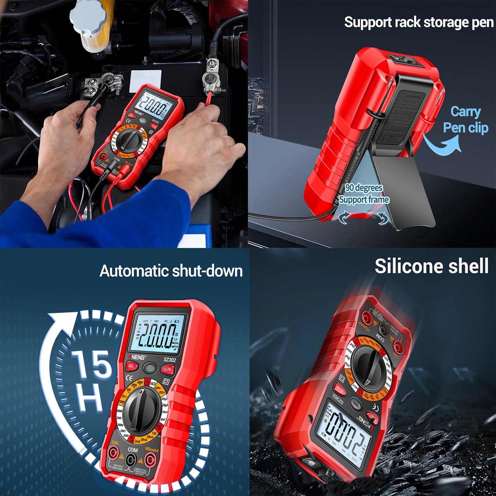 ANENG Multimeter with Backlit LCD,Ohm Volt Amp Meter,Non Rubberized Red