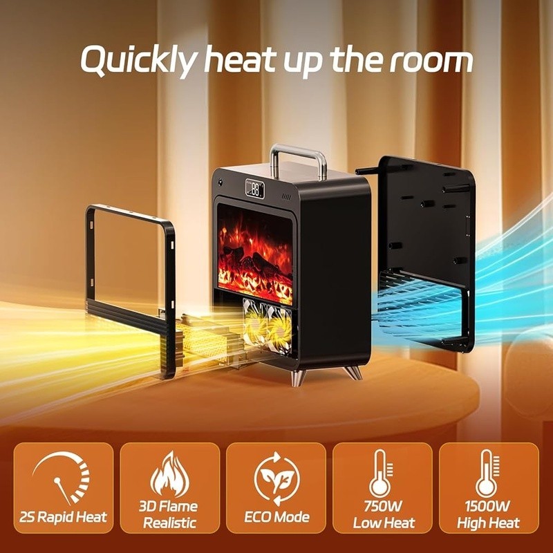 Electric Space Heater Rapid Heating Remote Control 3D Flame Safety Timer