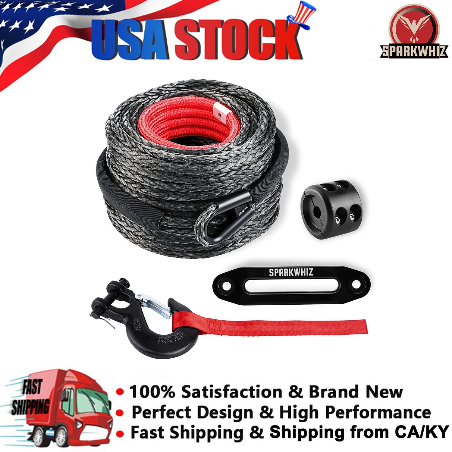 26500LBS 3/8"x100FT Synthetic Winch Rope Cable Kit Winch Line Cable US Fast Ship