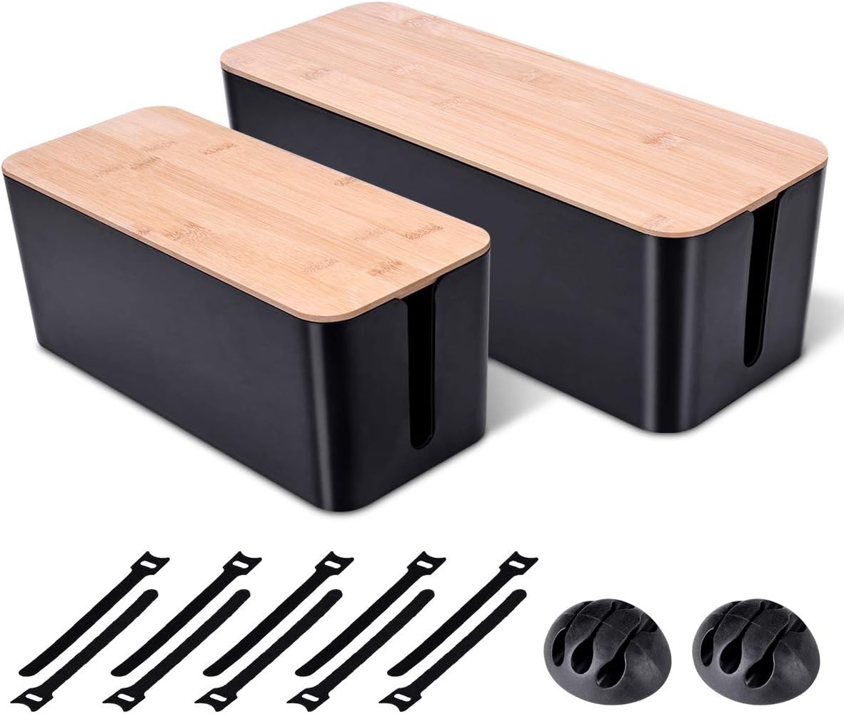 2 Pack Large Cable Management Box – Wooden Style Cord Organizer and Black