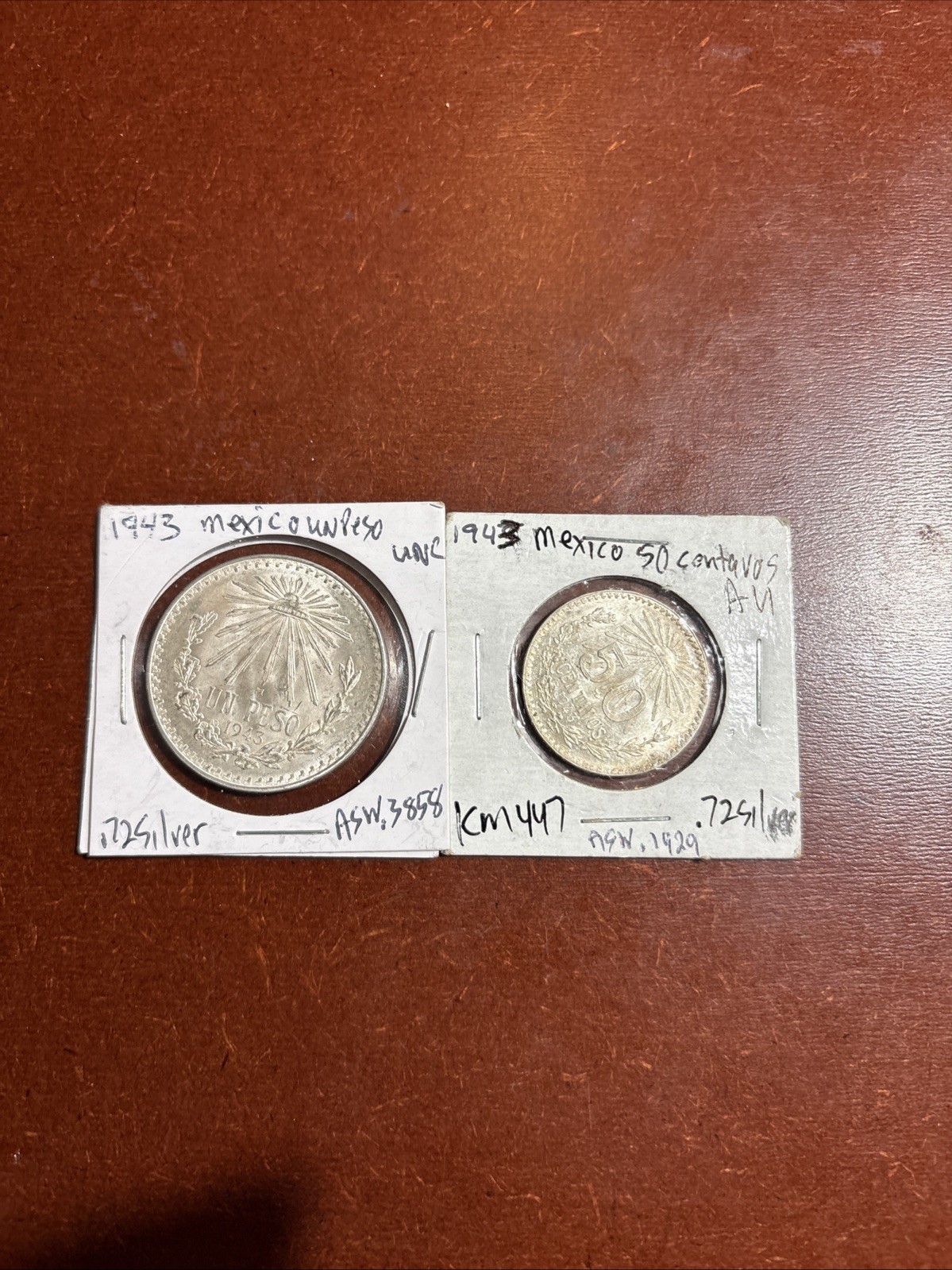 1943 MEXICO UN PESO& 1943 50 Centavos UNC .72 Silver Total ASW .5787 Nice Set!!