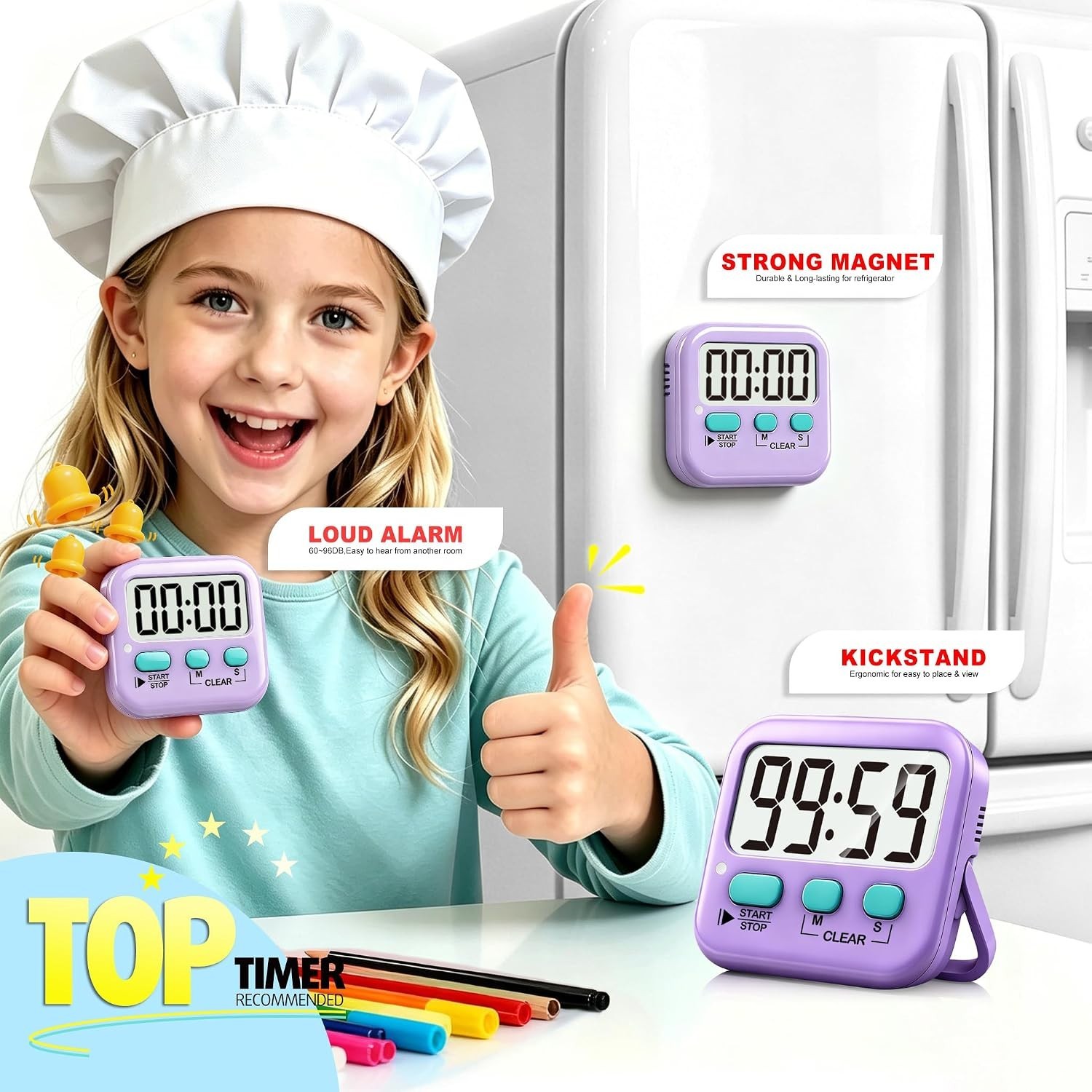 2 Pack Digital Kitchen Timer for Kids - Countdown & Count Up, Loud/Silent Mode
