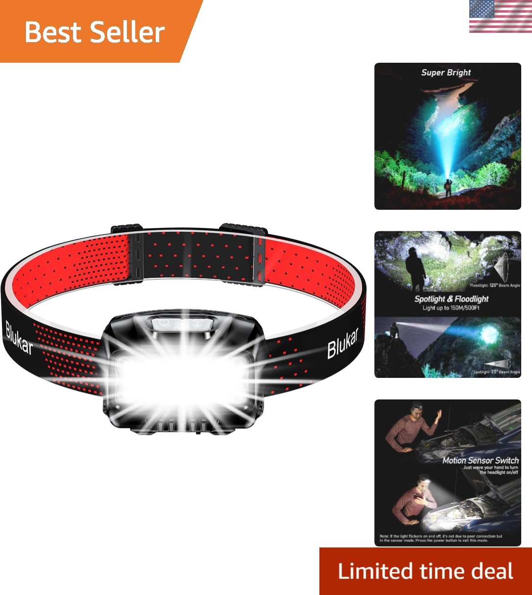 Rechargeable 2000L LED Headlamp with Motion Sensor - 8 Modes, Waterproof Design