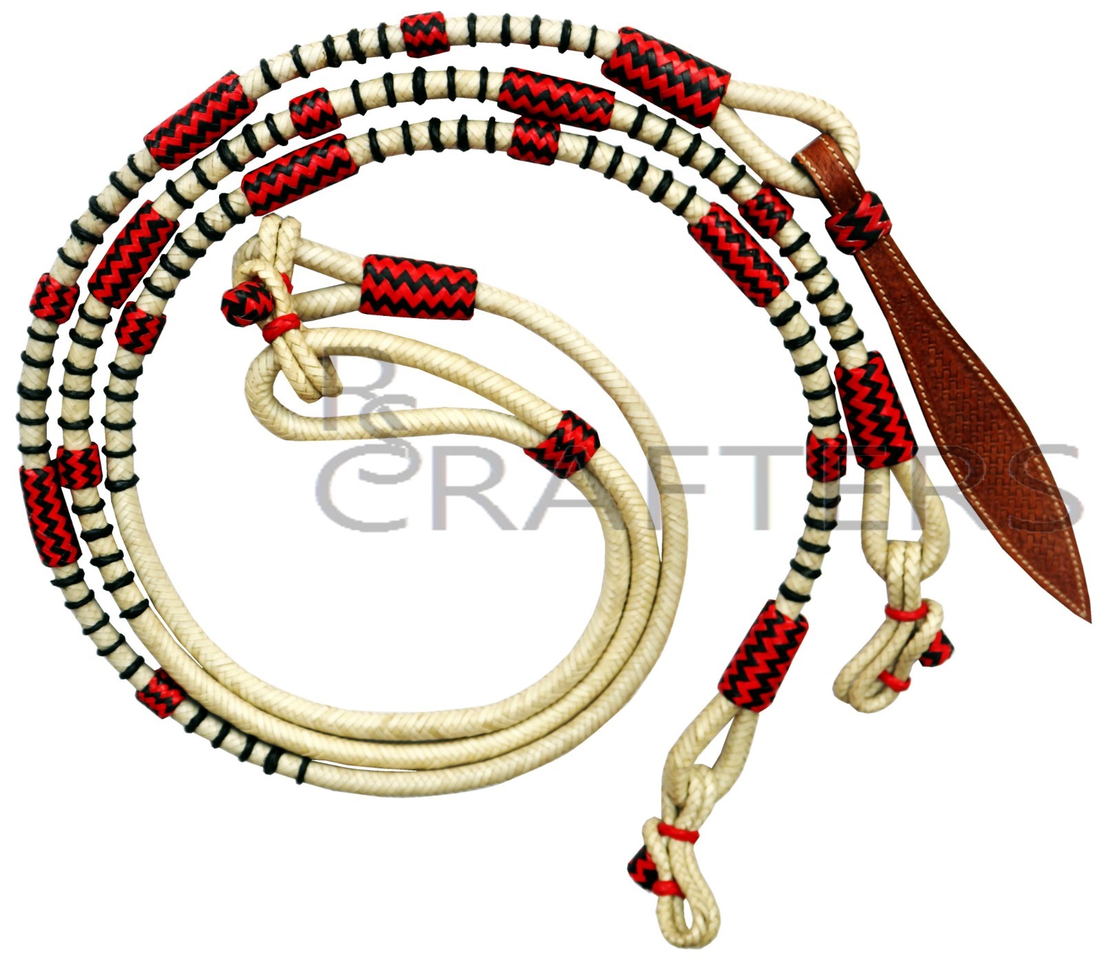 Natural Rope Red & Blk Knots Raw Hide Leather Horse Tack Show Romal Romel Reins