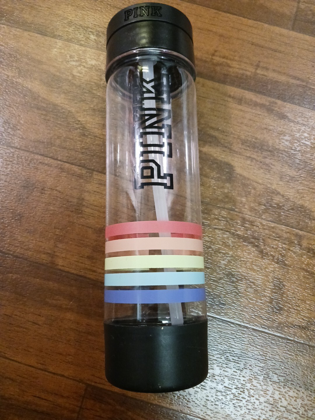 Victoria's Secret Pink Campus Water Bottle 24 oz Rainbow Stripes Clear Plastic