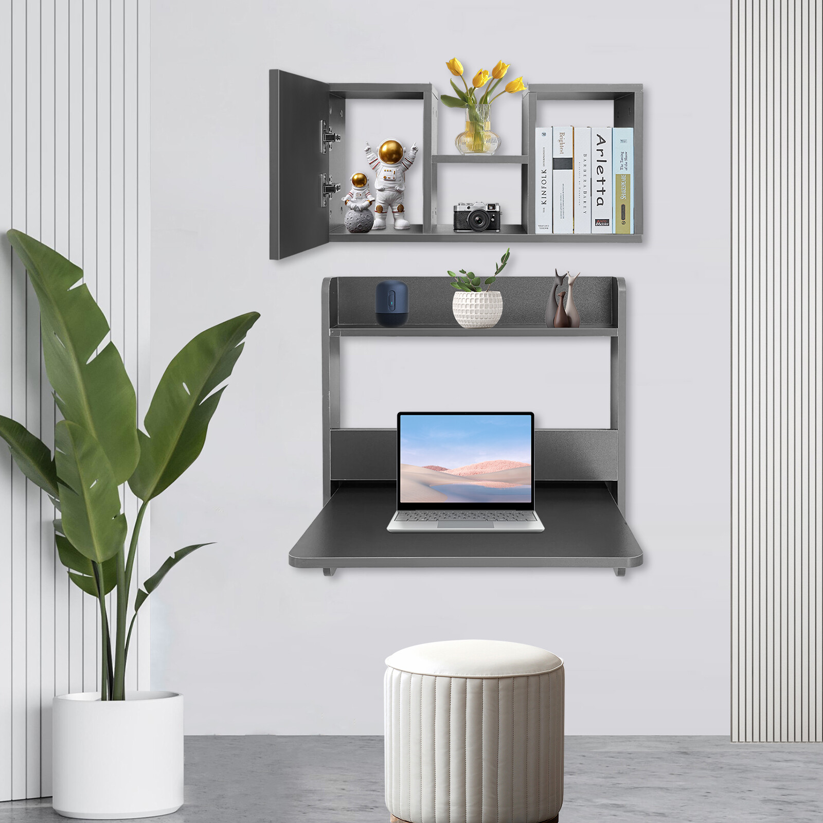 Folding Space Saving Wall Mounted Bookshelf, Fold Down Laptop Desk Workstation