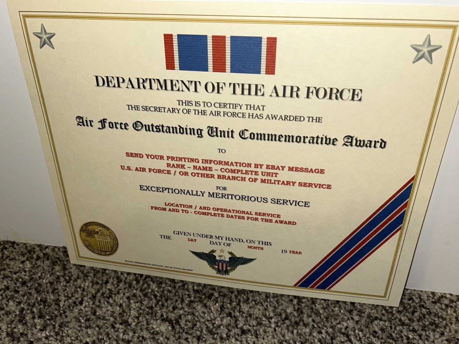 AIR FORCE OUTSTANDING UNIT COMMEMORATIVE AWARD CERTIFICATE~W/PRINTING T-1