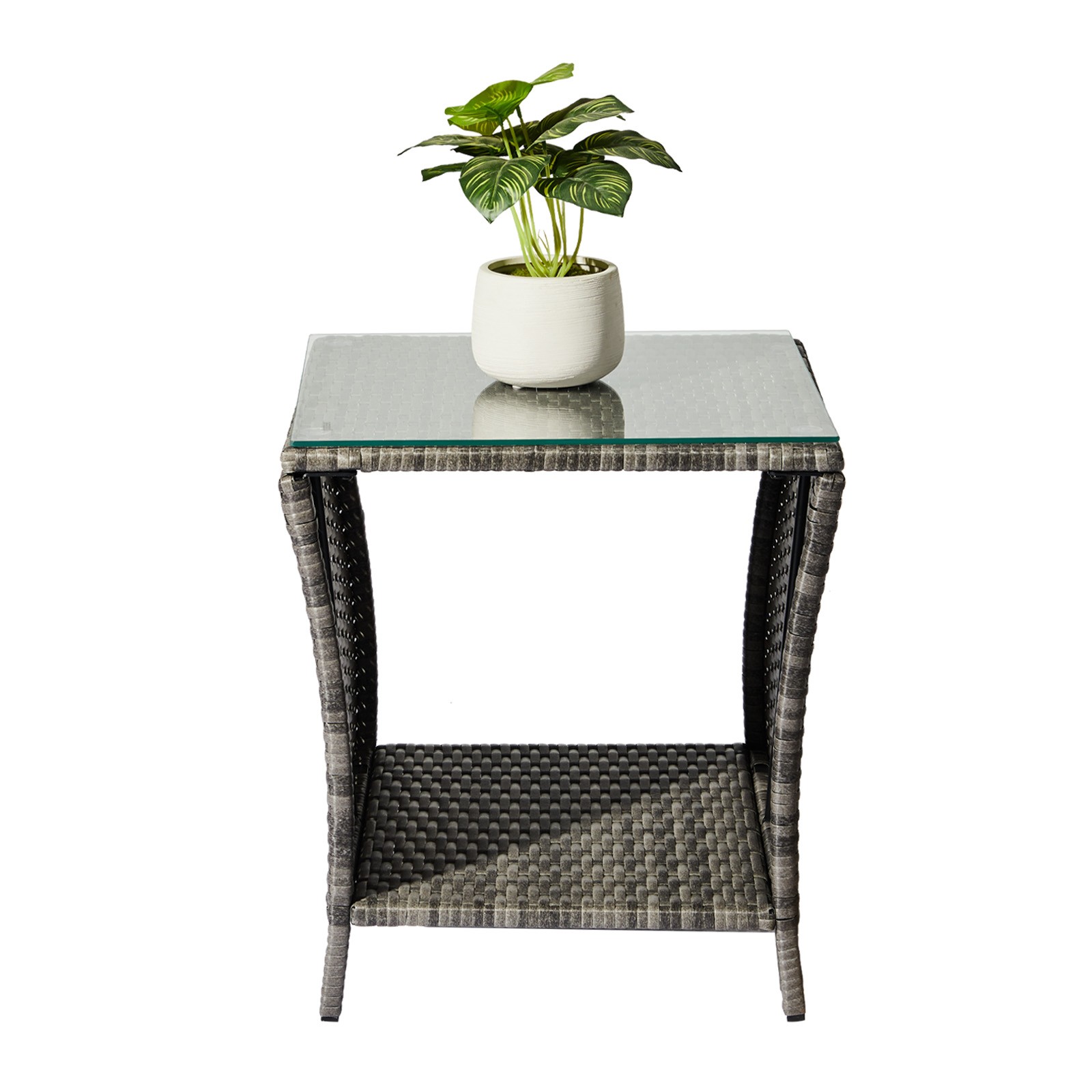 Wicker Side Table, Square End Table Bistro Coffee Table with Glass Top