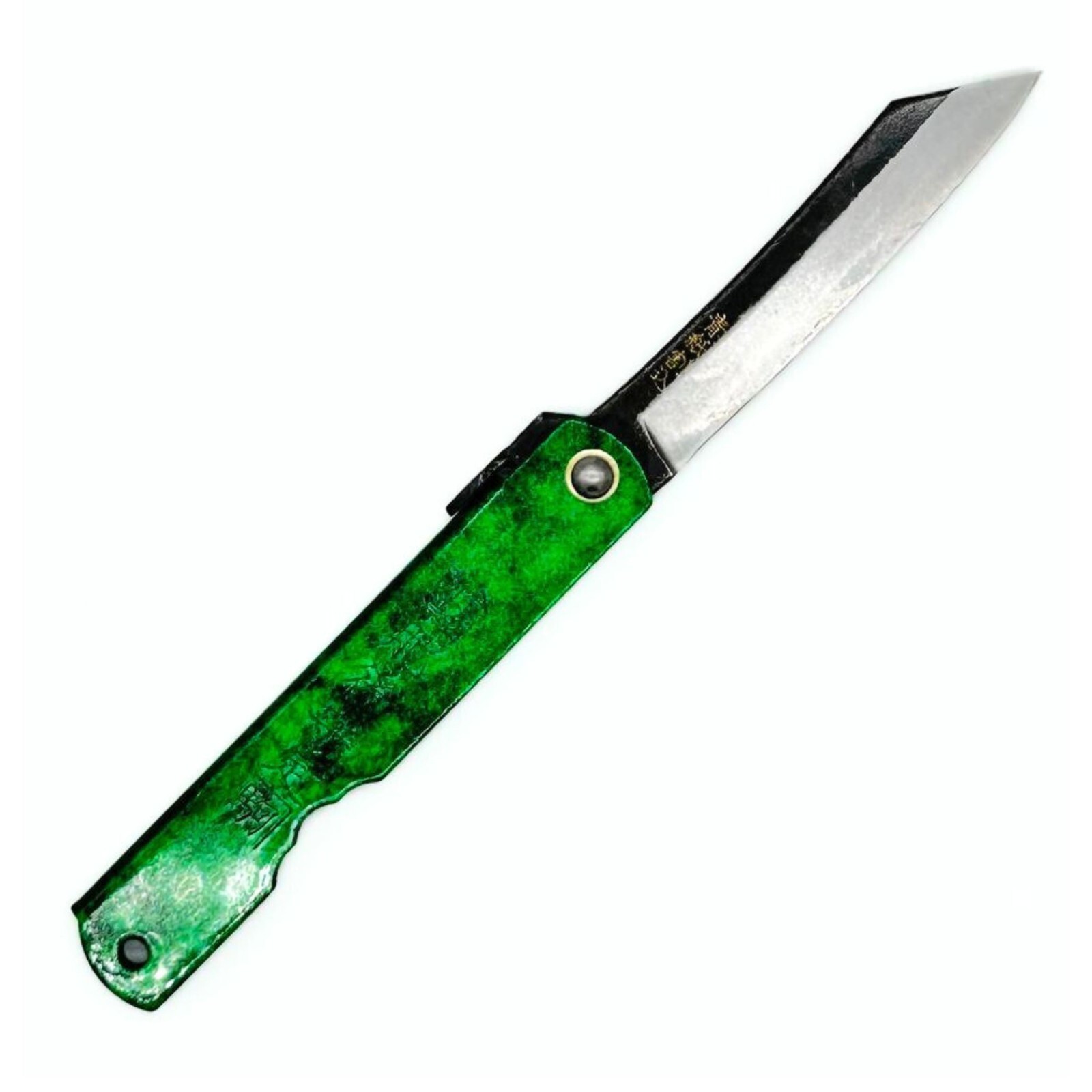 Higonokami Folding Knife,  HISUI Blue Paper Steel, Black Back &Jade Color Handle