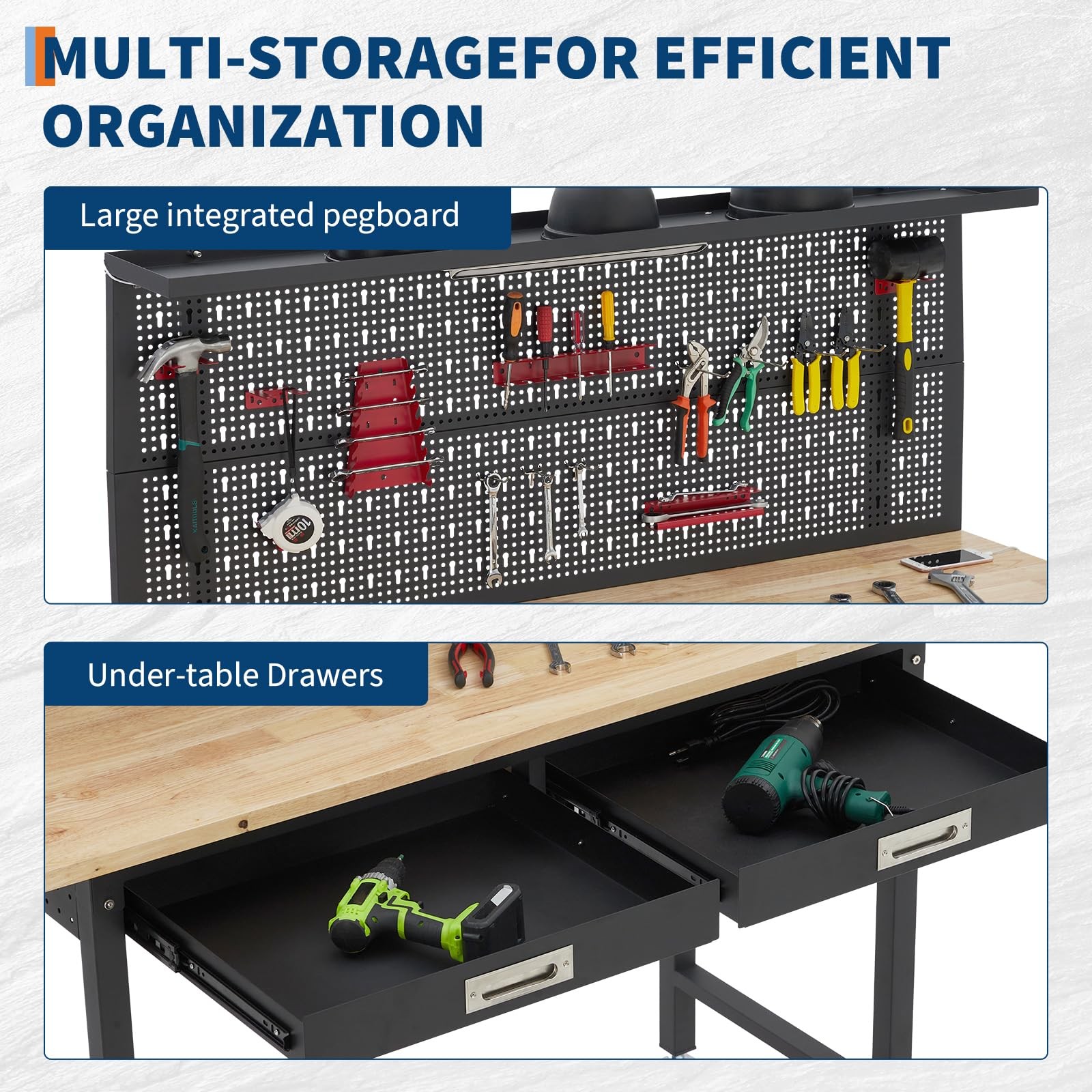 🔝60" Adjustable Heavy Duty Workbench 2000 LBS Work Table with 2 Drawers LED Lig