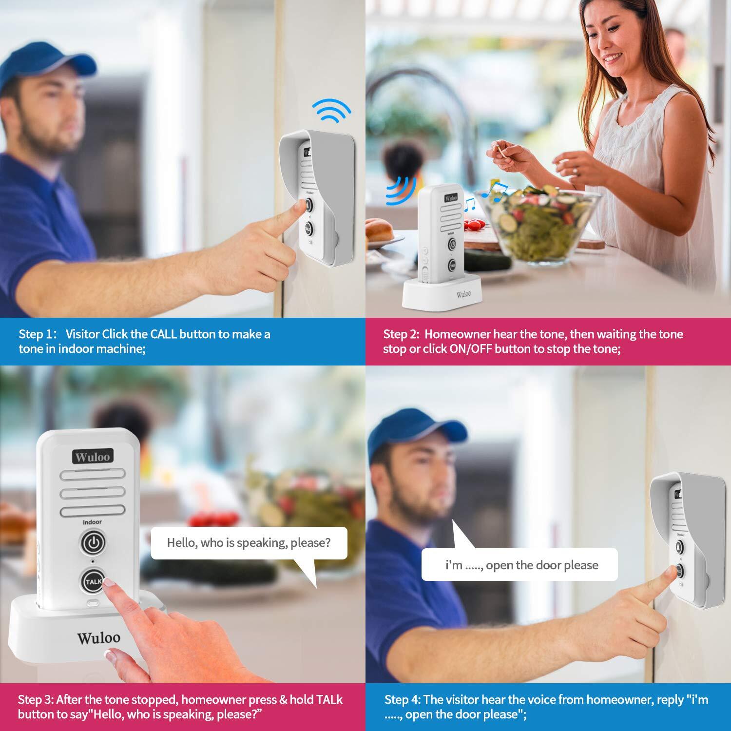 Wuloo Wireless Doorbell Intercoms 2640ft Range Weatherproof Rechargeable Stand
