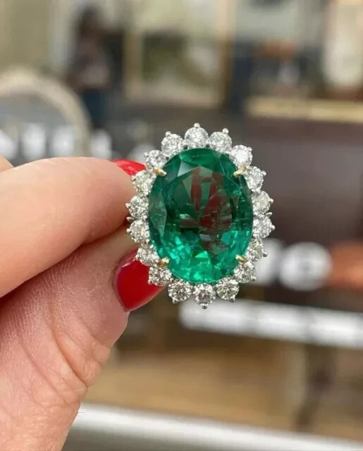 5.00Ct Oval Cut Lab Created Emerald Halo Wedding Ring 14K White Gold Plated