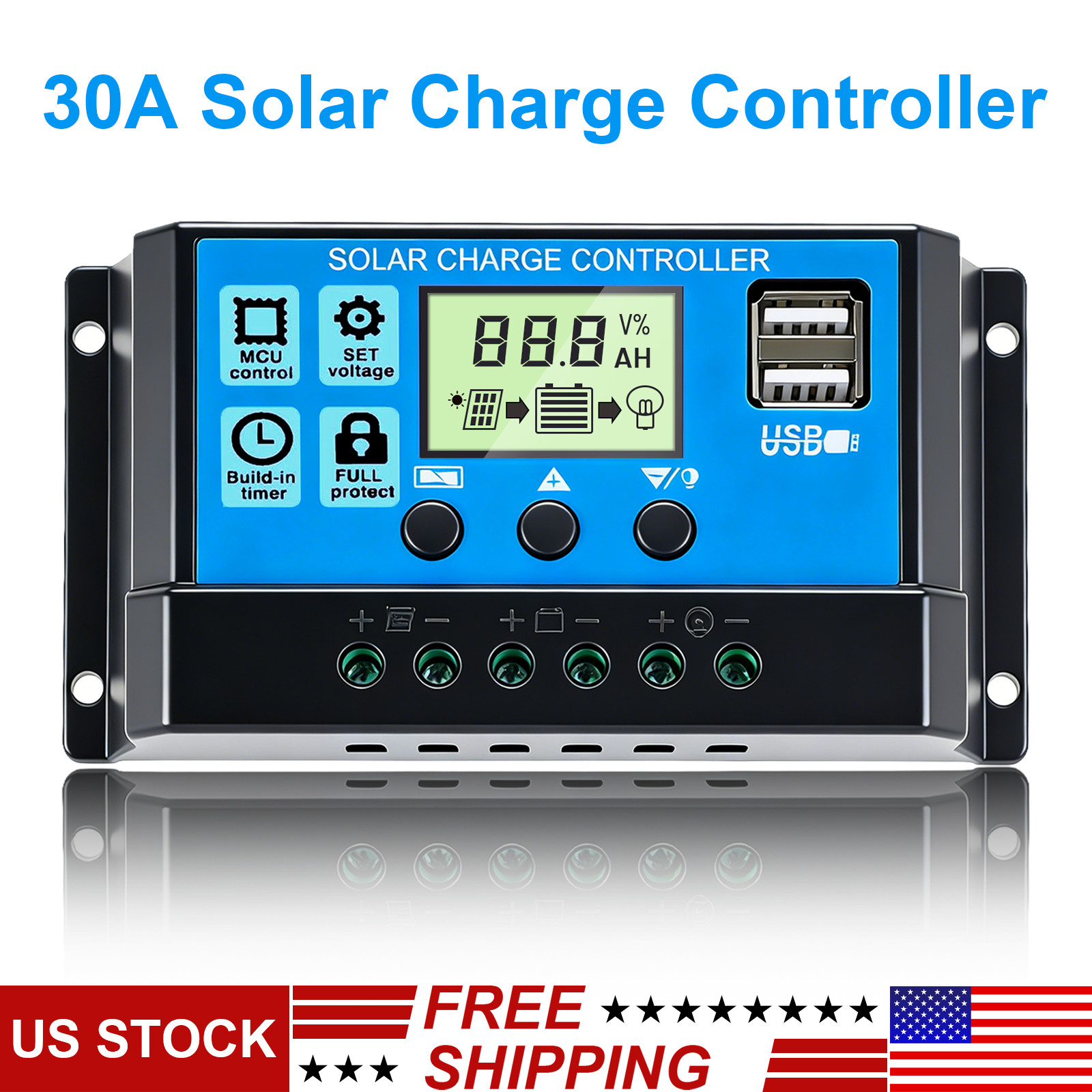 30A Solar Panel Battery Charger Controller 12V/24V LCD Regulator Auto with USB