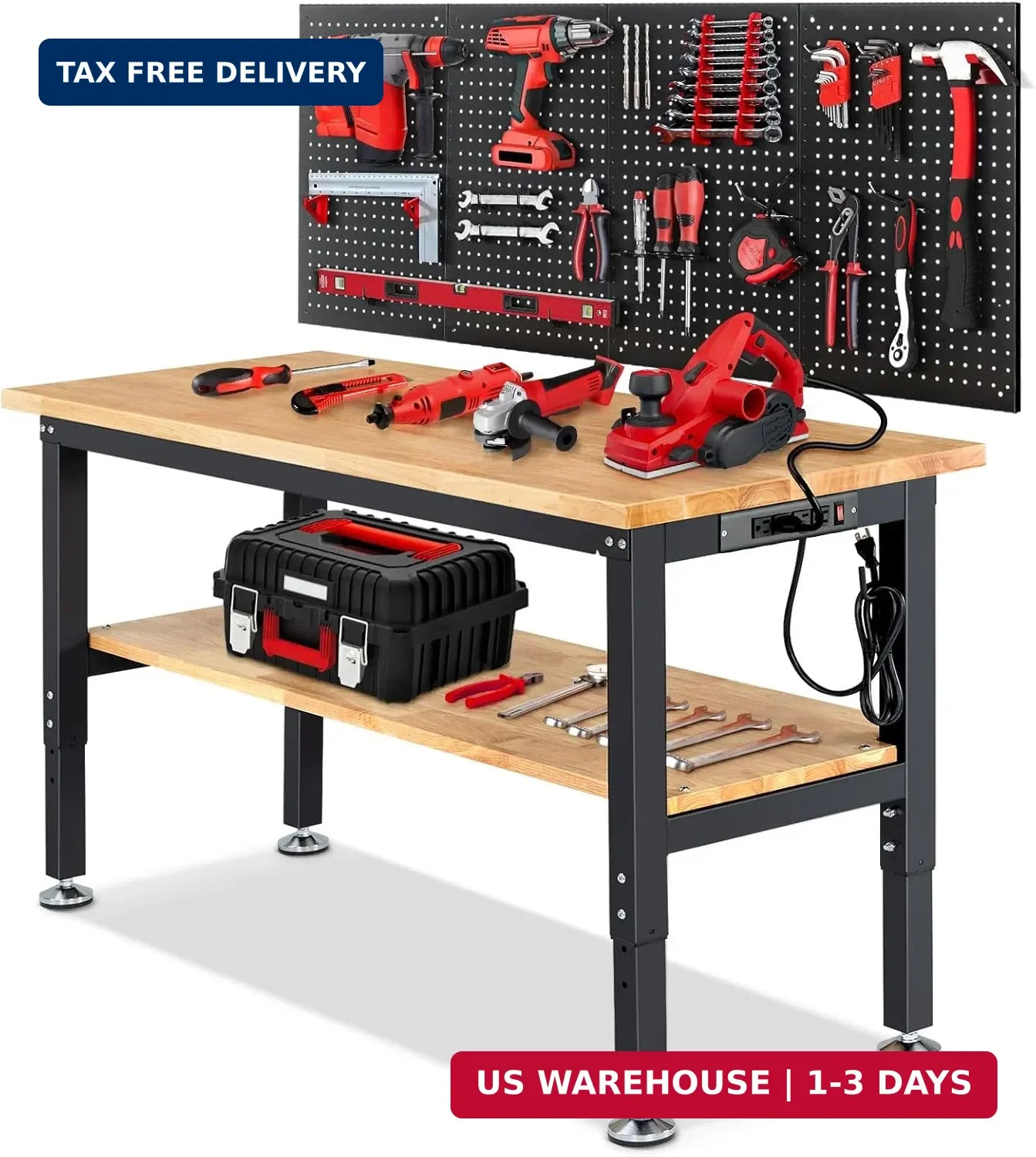 60" Heavy Duty Workbench, Adjustable Height Garage Work Bench with Solid Rubberw