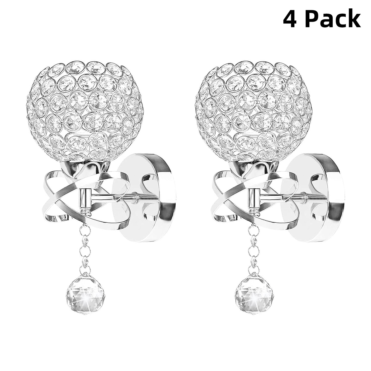 4-Pack Silver Crystal Wall Sconces – E26 Hardwired Modern Wall Lights