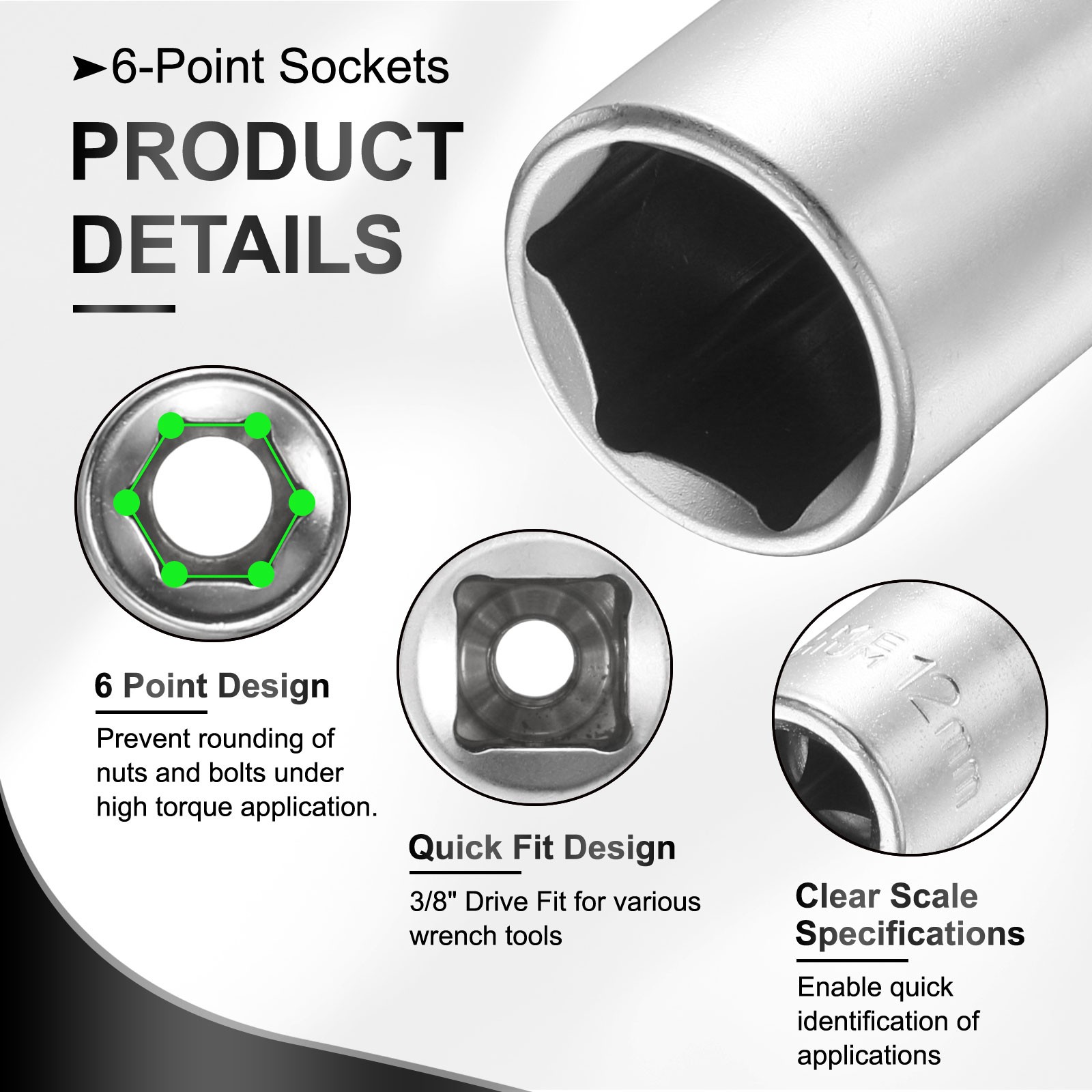 2pcs 6 Points Deep Socket 3/8" Drive 12mm Nickel Plating Flip Sleeve 4.7" Long