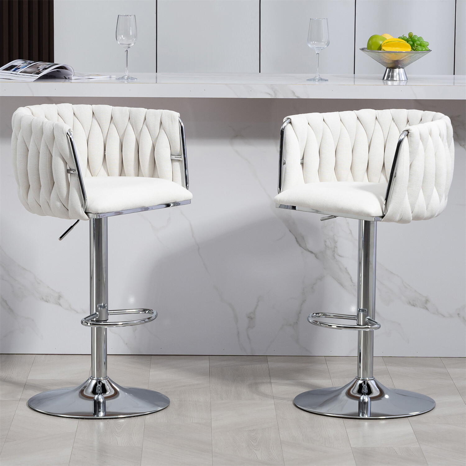Modern Set of 2 Swivel Bar Stool Adjustable Counter Height Bar Chair for Kitchen