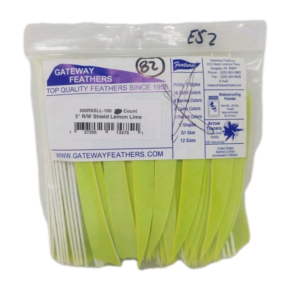 82 Count Gateway Archery Arrow Feathers 5" Right Wing: Shield Lemon Lime Green