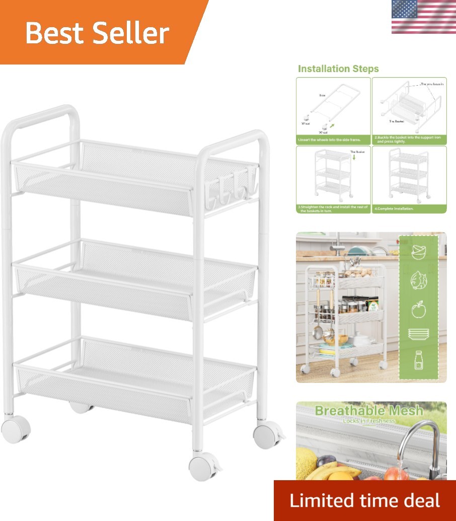 Stylish 3-Tier Rolling Storage Rack on Wheels - Smart Organization for Any Room