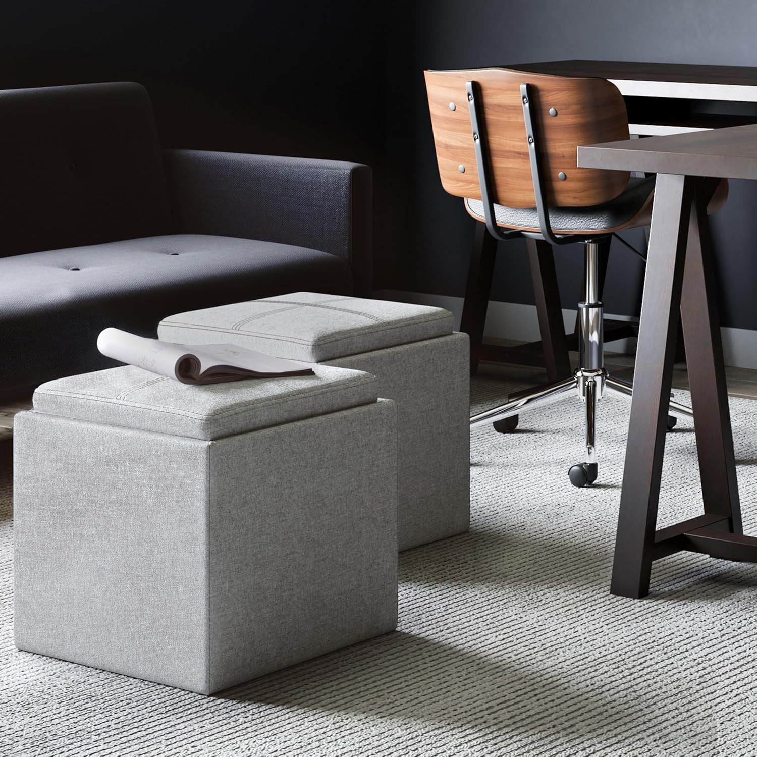 Rockwood Cube Storage Ottoman with Tray - 17 Inch Wide Upholstered Linen Look Fa