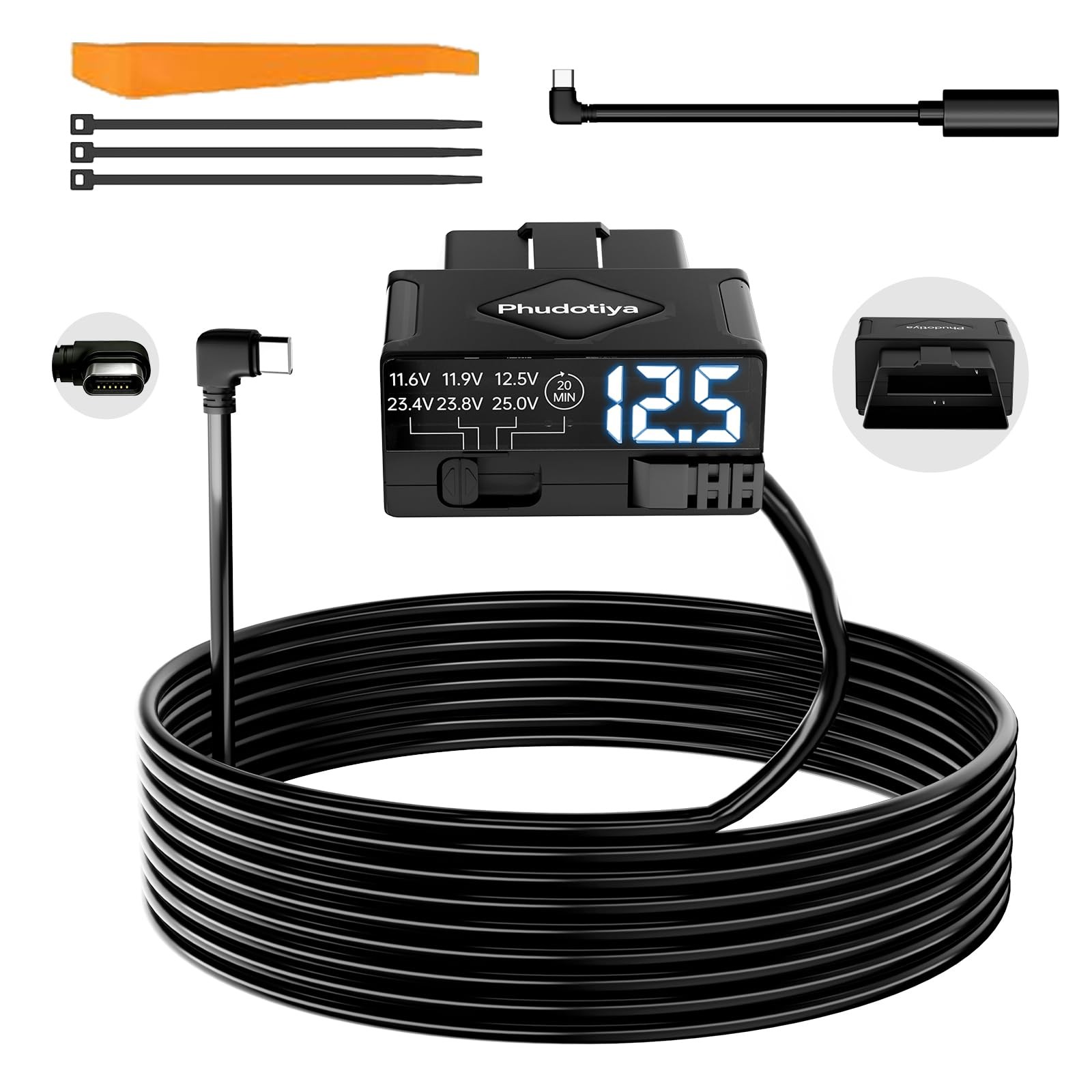 OBD2 to USB-C Power Cable for Dash Camera, OBD Cam 11.5FT/3.5M, Black