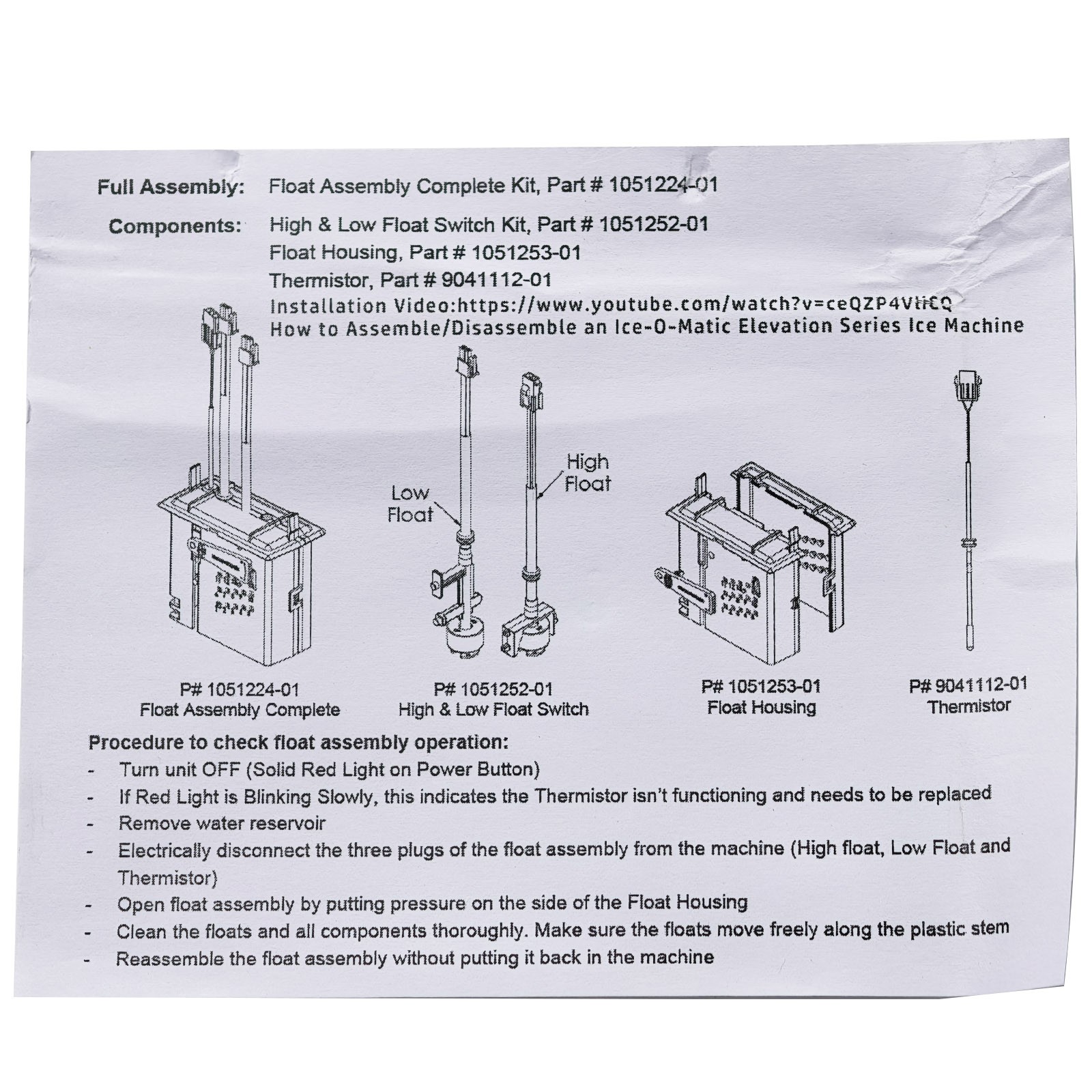 Replacement Water Float Switch Kit 1051224-01 For Ice-O-Matic Ice Machine