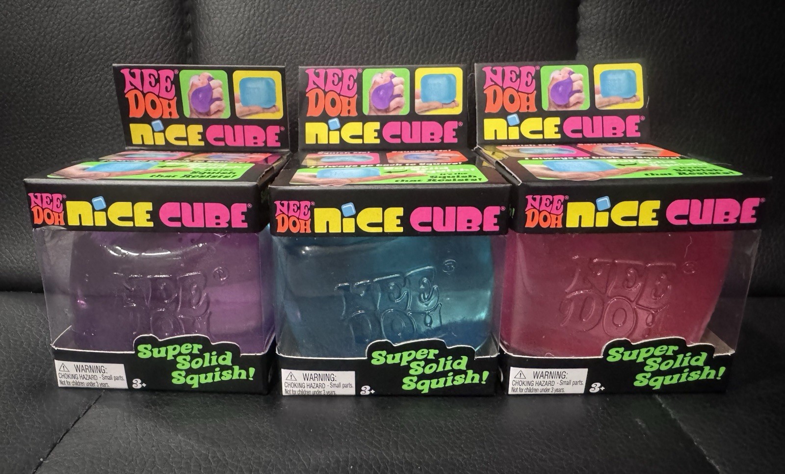 NeeDoh Nice Cube Complete Set Blue, Pink And Purple NIB Set Of 3! Nee Doh