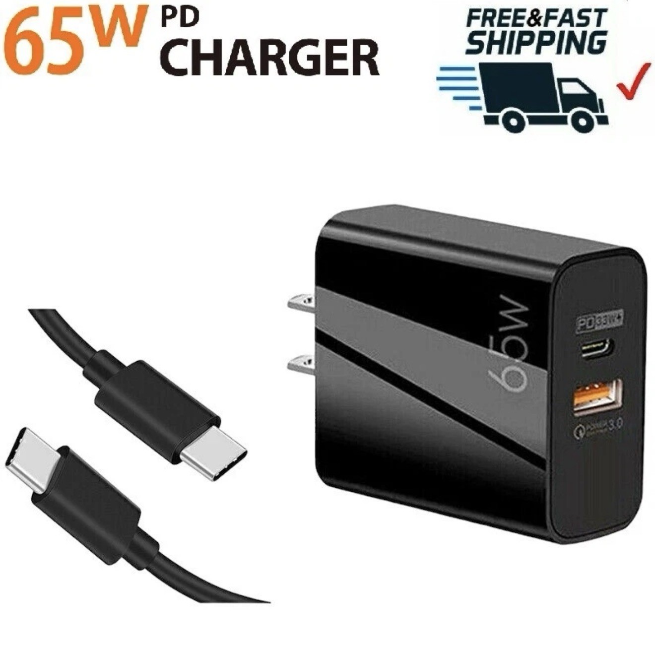 Cargador Rápido 65W + Cable 5A Tipo C 1m o 2m para Laptop y Celular