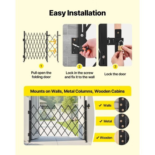 Single Folding Security Gate, Lockable Scissor Gate with 360° Swivel Casters, O