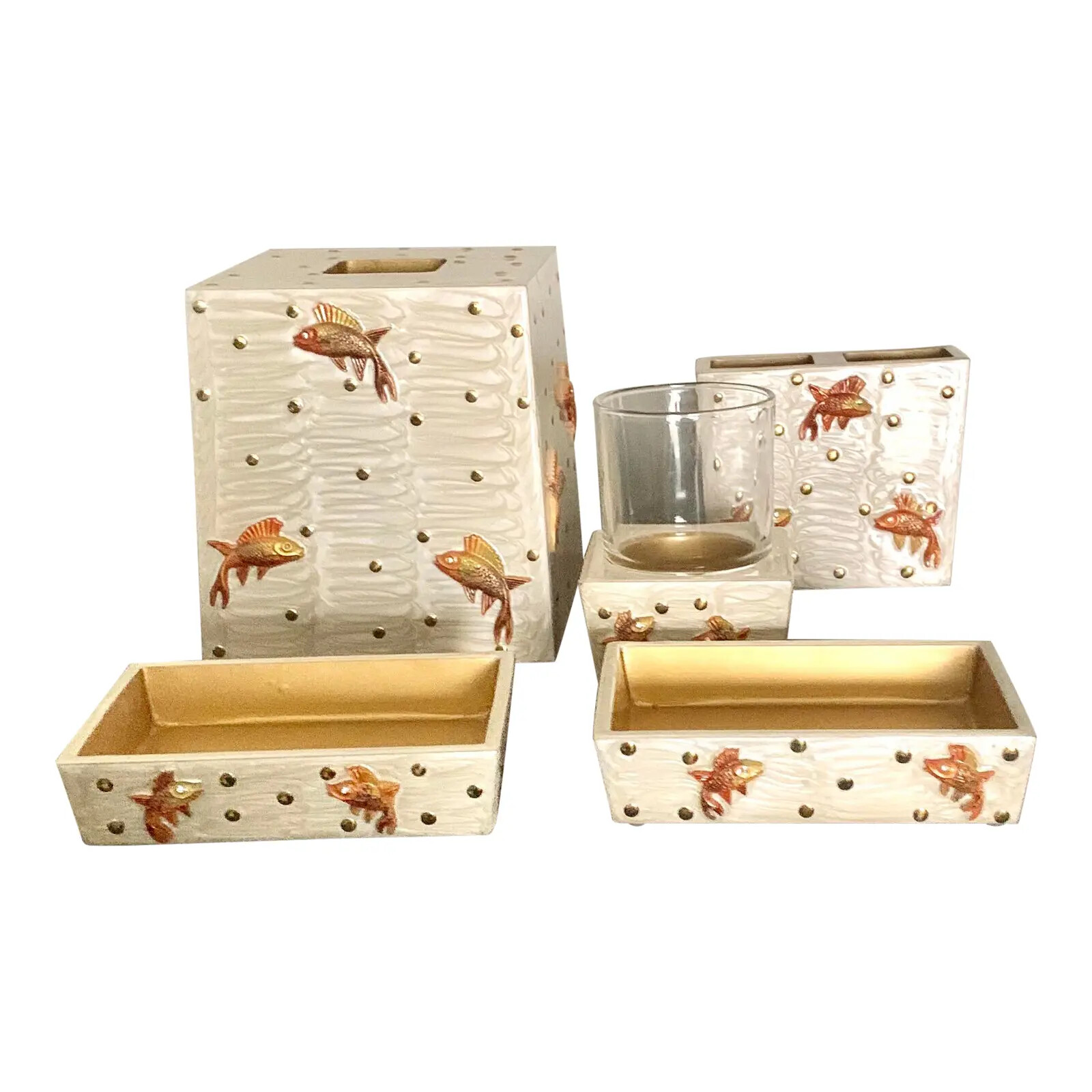 Mike and Ally Luxury Enameled Gilt Koi Fish Bathroom Set - Set of 6