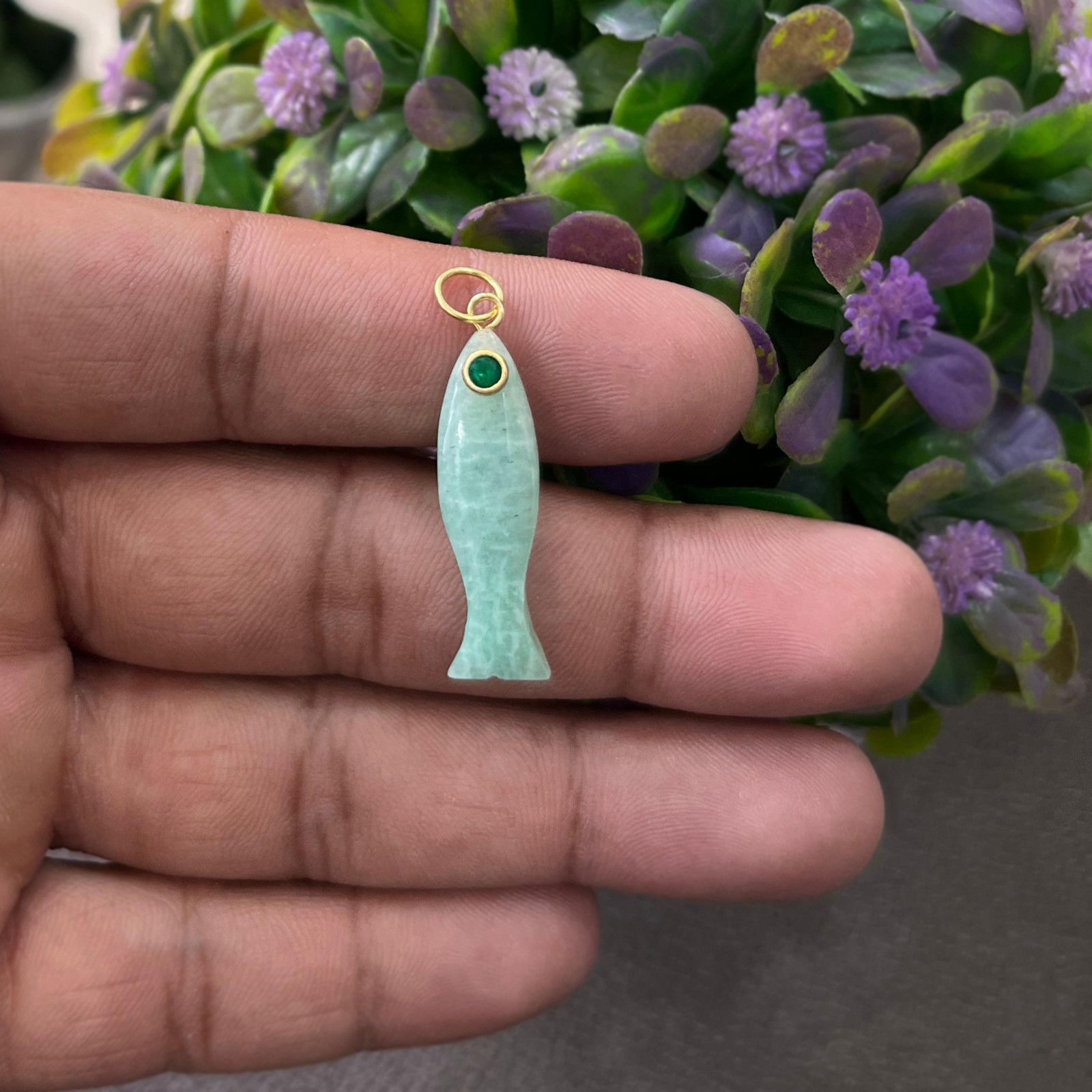 Amazonite Fish Pendant Carved Gemstone with Emerald Quartz Eye Necklace Charm