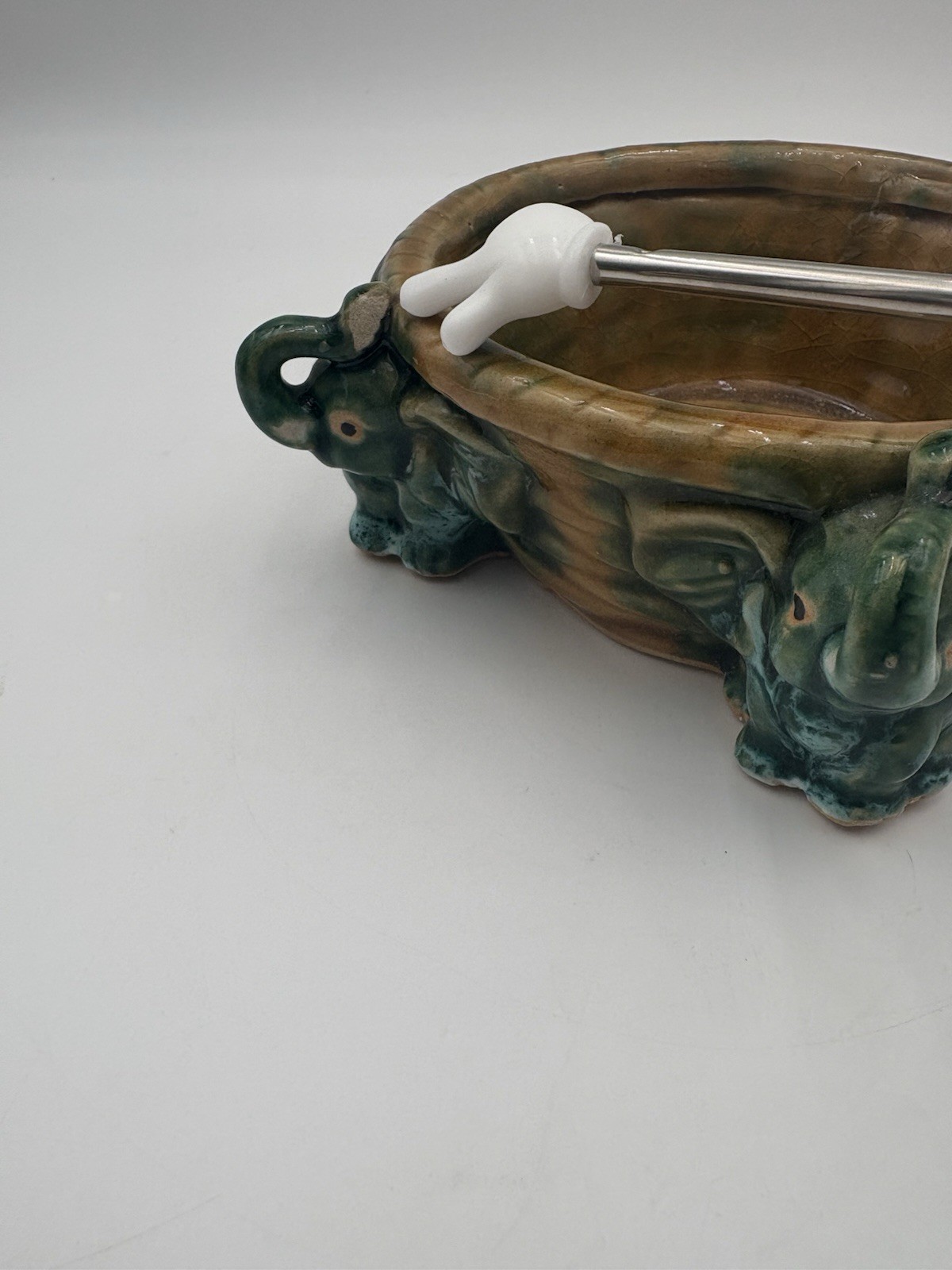 Majolica Style Ceramic Trunks Up Elephant Planter