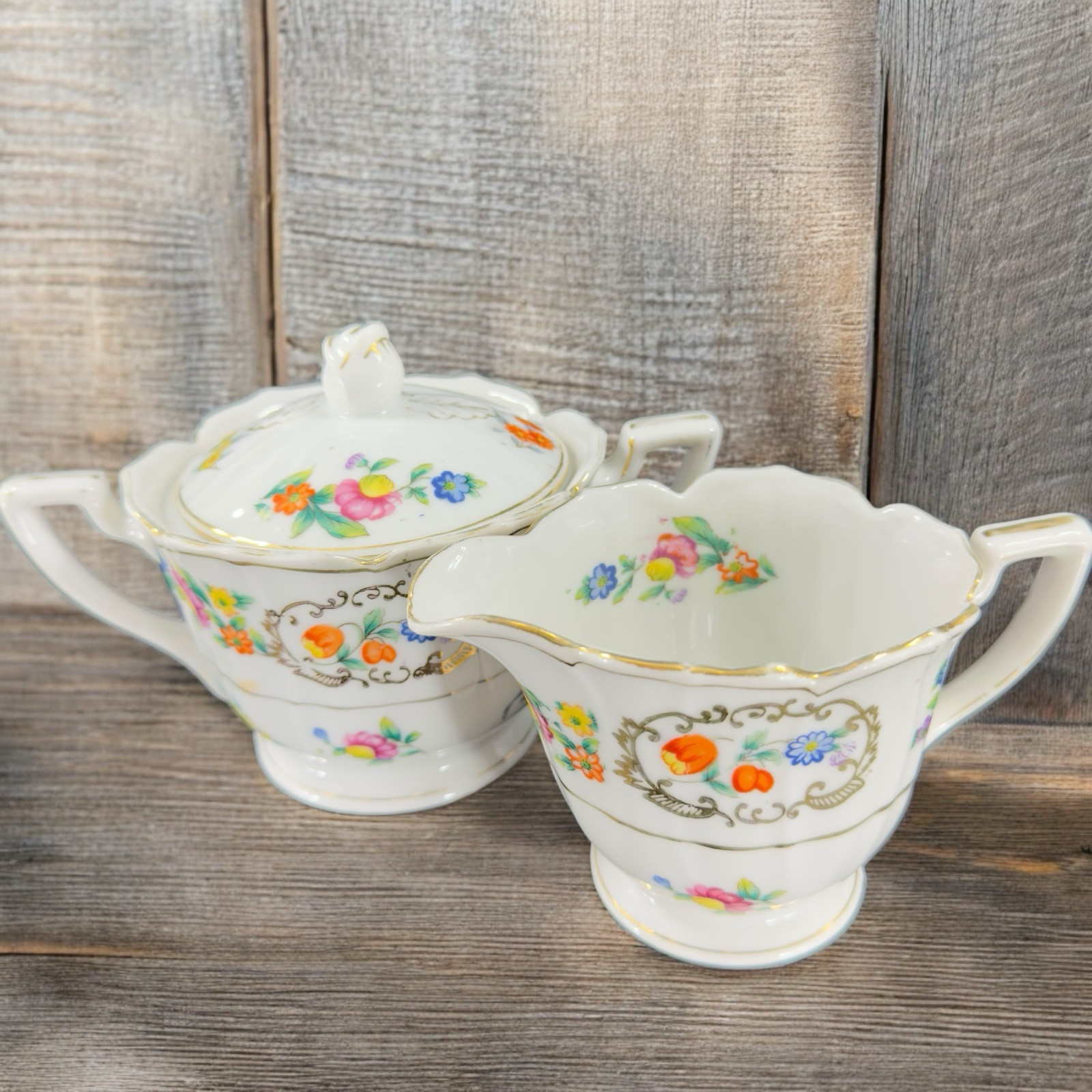 Vintage Gold Castle Chikusa China Hand Painted Sugar Bowl And Creamer Porcelain