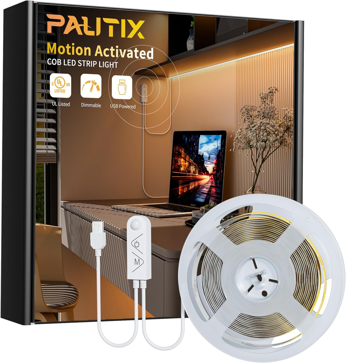 Dotless LED Lights,Cob LED Strip Lights with Motion Sensor,5V USB Powered 2700K