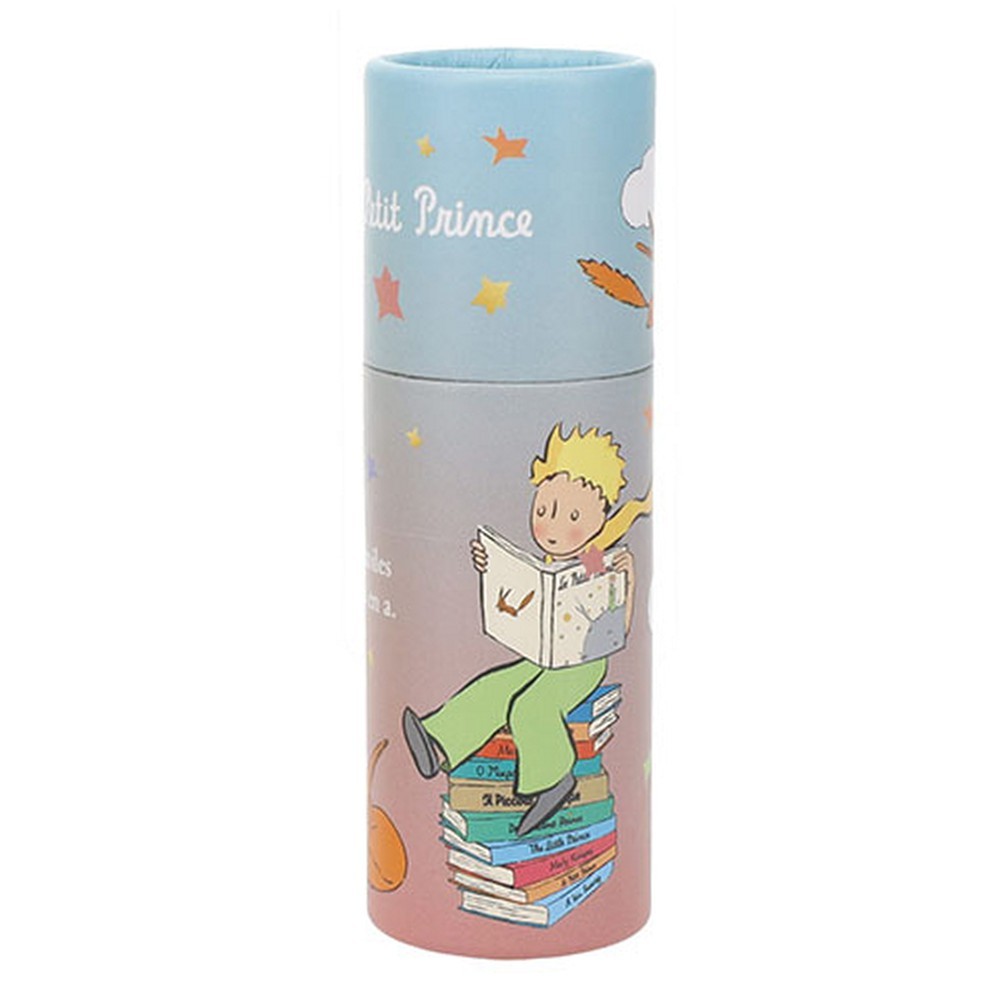 Tube box with 12 Kiub The Little Prince colored pencils on a stack of books