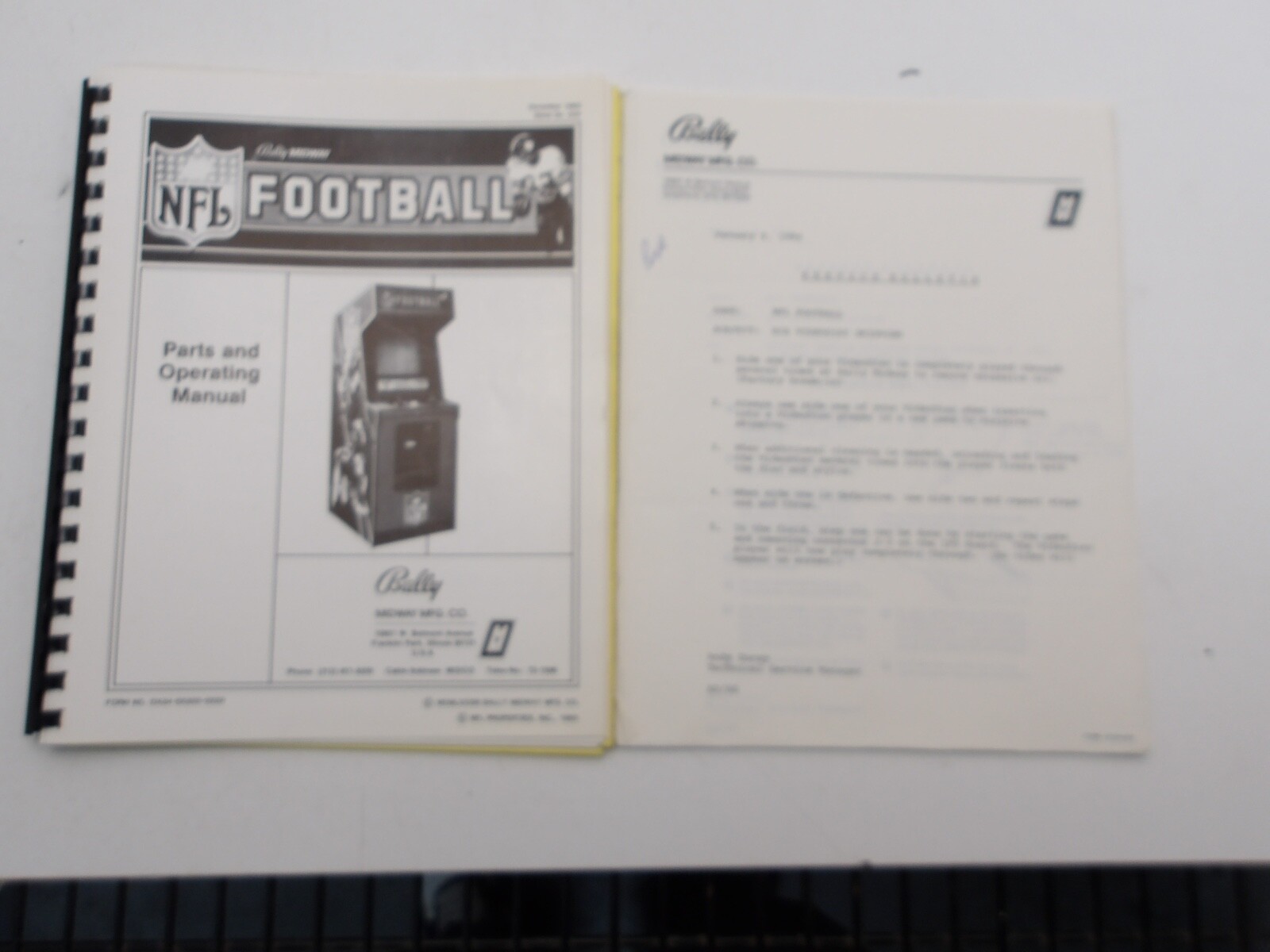 Bally / Midway: NFL Football - Parts & Operating Manual NOS + Factory Bulletins