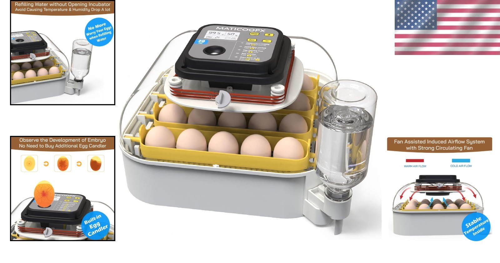 Automatic 20 Egg Incubator with Candler, Stable Temp, External Water Refill